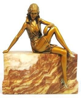 Art Deco Bronze Statue of Woman Sitting on Marble Plinth.  