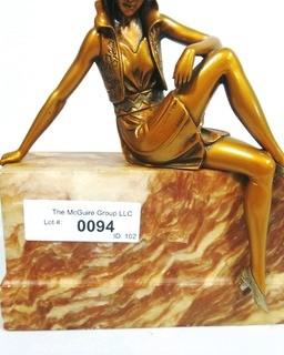 Art Deco Bronze Statue of Woman Sitting on Marble Plinth.  