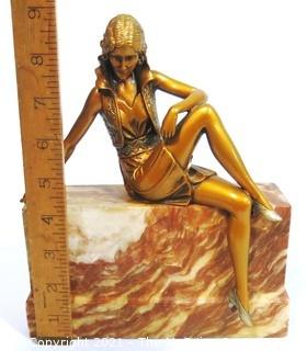 Art Deco Bronze Statue of Woman Sitting on Marble Plinth.  