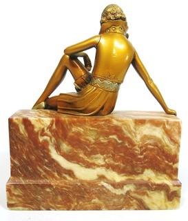 Art Deco Bronze Statue of Woman Sitting on Marble Plinth.  