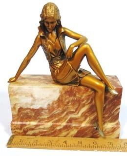 Art Deco Bronze Statue of Woman Sitting on Marble Plinth.  