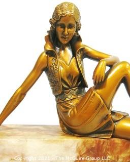 Art Deco Bronze Statue of Woman Sitting on Marble Plinth.  