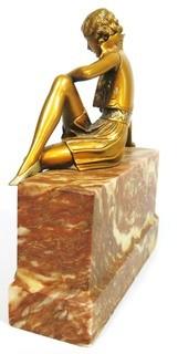 Art Deco Bronze Statue of Woman Sitting on Marble Plinth.  