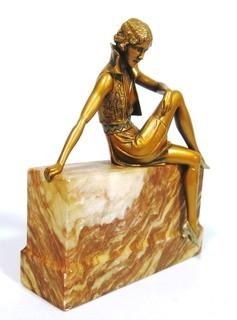 Art Deco Bronze Statue of Woman Sitting on Marble Plinth.  