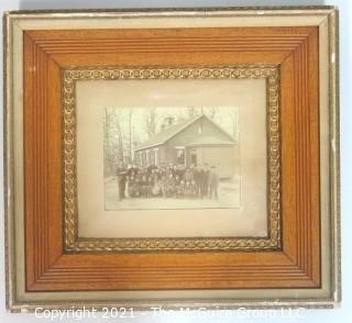 1930's Framed Vintage Black & White Photo of Students in Front of Their One Room School House Located in Frederick County, Maryland.  Measures approximately 18" x 20" including frame.