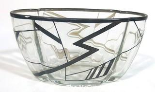 Palda Bohemian Czech Art Deco Clear Cut Glass Bowl with Black Detailin. Measures approximately 10" Long. <br> <br> Many of the Karl Palda Bohemian Art Deco cut glass pieces in this auction were featured in the book “Collectible Bohemian Glass (1915 – 1945) Volume II” by Robert & Deborah Truitt.