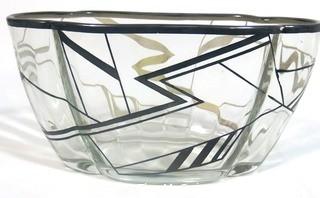 Palda Bohemian Czech Art Deco Clear Cut Glass Bowl with Black Detailin. Measures approximately 10" Long. <br> <br> Many of the Karl Palda Bohemian Art Deco cut glass pieces in this auction were featured in the book “Collectible Bohemian Glass (1915 – 1945) Volume II” by Robert & Deborah Truitt.