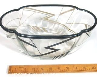 Palda Bohemian Czech Art Deco Clear Cut Glass Bowl with Black Detailin. Measures approximately 10" Long. <br> <br> Many of the Karl Palda Bohemian Art Deco cut glass pieces in this auction were featured in the book “Collectible Bohemian Glass (1915 – 1945) Volume II” by Robert & Deborah Truitt.