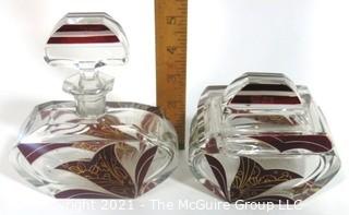 Karl Palda Bohemian Czech Art Deco Clear Cut Glass With Ruby Red Accents Vanity Set Including Perfume Bottle with Crystal Stopper and Trinket Box.  <br> <br> Many of the Karl Palda Bohemian Art Deco cut glass pieces in this auction were featured in the book “Collectible Bohemian Glass (1915 – 1945) Volume II” by Robert & Deborah Truitt.