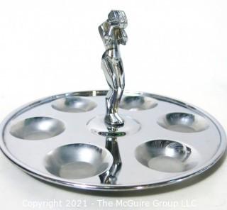 Vintage Art Deco Chrome Drink Glass Tray with Female Figure in Center Made by Farber Ware, Brooklyn New York. 