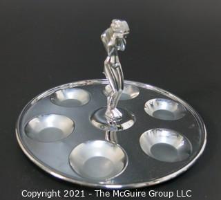 Vintage Art Deco Chrome Drink Glass Tray with Female Figure in Center Made by Farber Ware, Brooklyn New York. 