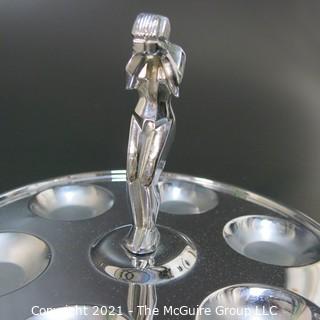 Vintage Art Deco Chrome Drink Glass Tray with Female Figure in Center Made by Farber Ware, Brooklyn New York. 