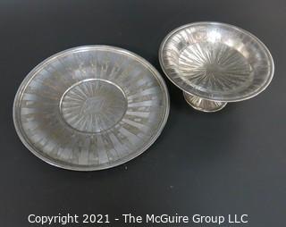 Vintage Art Deco Silver Plate Dish with Pedestal Base and Serving Tray Made by Weidlich Bros with Geometric Design. Marked BMMTS for Britannia Metal Mounts.