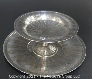 Vintage Art Deco Silver Plate Dish with Pedestal Base and Serving Tray Made by Weidlich Bros with Geometric Design. Marked BMMTS for Britannia Metal Mounts.