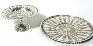 Vintage Art Deco Silver Plate Dish with Pedestal Base and Serving Tray Made by Weidlich Bros with Geometric Design. Marked BMMTS for Britannia Metal Mounts.