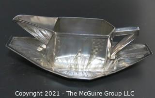 Vintage Art Deco Silver Plate Sauce Boat with Dish Made by Weidlich Bros with Geometric Design. Mark BMMTS for Britannia Metal Mounts.