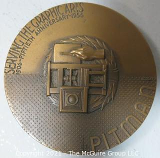 Vintage 1956 Harold M Pitman Co 50th Anniversary Graphic Arts Bronze Medal with Art Deco Design.
