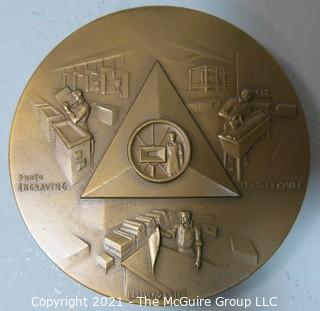 Vintage 1956 Harold M Pitman Co 50th Anniversary Graphic Arts Bronze Medal with Art Deco Design.
