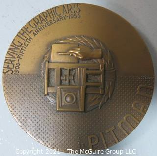 Vintage 1956 Harold M Pitman Co 50th Anniversary Graphic Arts Bronze Medal with Art Deco Design.
