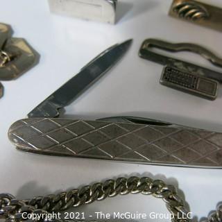 Eclectic Mix Including Pocket Knife, "Carter" Peanut Pin, Cufflinks and Belt Buckle