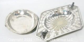 Two Piece Vintage Art Deco Silver Plate Serving Dish with Lid Made by Weidlich Bros with Geometric Design. Marked BMMTS for Britannia Metal Mounts.  Measures approximately 13" long