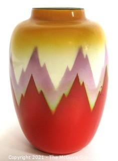 Vintage Ditmar Urbach Bohemian Czech Art Pottery Vase in Flame Pattern. Measures approximately 6" tall.