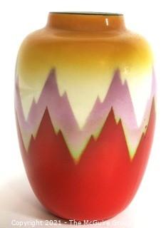 Vintage Ditmar Urbach Bohemian Czech Art Pottery Vase in Flame Pattern. Measures approximately 6" tall.