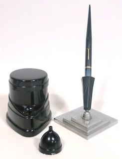 Art Deco Chrome Pen Holder with Schaffer Fountain Pen and Bakelite Ink Well.  