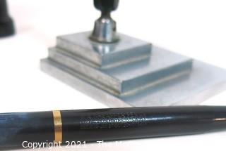 Art Deco Chrome Pen Holder with Schaffer Fountain Pen and Bakelite Ink Well.  