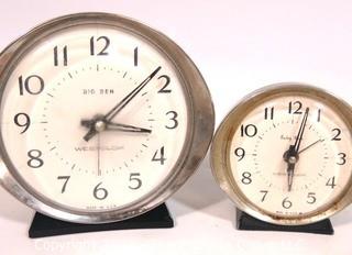 Group of Vintage Alarm Clocks and Heavy Brass and Glass Compass Case. 