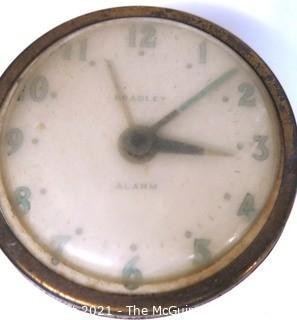 Group of Vintage Alarm Clocks and Heavy Brass and Glass Compass Case. 