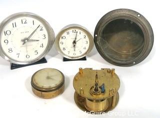 Group of Vintage Alarm Clocks and Heavy Brass and Glass Compass Case. 