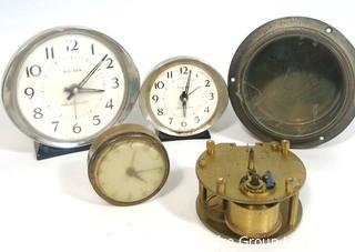 Group of Vintage Alarm Clocks and Heavy Brass and Glass Compass Case. 