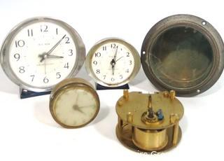 Group of Vintage Alarm Clocks and Heavy Brass and Glass Compass Case. 