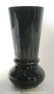 Vintage Art Deco Black Glass Vase with Etched Design.  Measures approximately 8" tall.