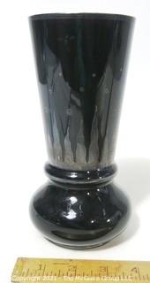 Vintage Art Deco Black Glass Vase with Etched Design.  Measures approximately 8" tall.