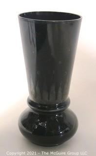 Vintage Art Deco Black Glass Vase with Etched Design.  Measures approximately 8" tall.