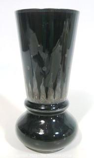 Vintage Art Deco Black Glass Vase with Etched Design.  Measures approximately 8" tall.