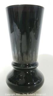 Vintage Art Deco Black Glass Vase with Etched Design.  Measures approximately 8" tall.