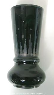 Vintage Art Deco Black Glass Vase with Etched Design.  Measures approximately 8" tall.