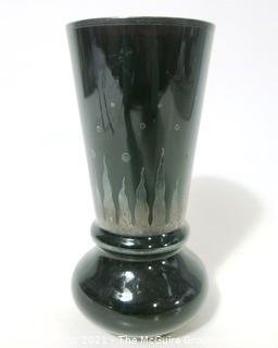 Vintage Art Deco Black Glass Vase with Etched Design.  Measures approximately 8" tall.