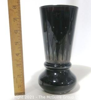 Vintage Art Deco Black Glass Vase with Etched Design.  Measures approximately 8" tall.