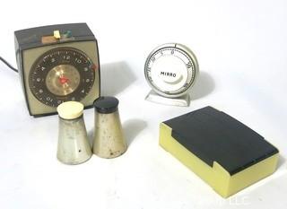 Group of Vintage Items Including Timers, Shakers and Celluloid Box.