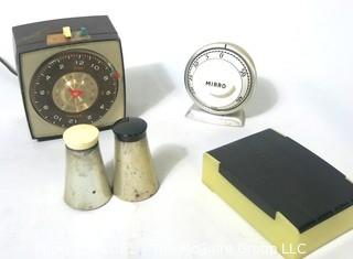 Group of Vintage Items Including Timers, Shakers and Celluloid Box.