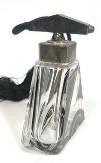 Palda Bohemian Czech Art Deco Cut Glass Perfume Bottle with Atomizer.  Measures approximately 4" tall. <br> <br> Many of the Karl Palda Bohemian Art Deco cut glass pieces in this auction were featured in the book “Collectible Bohemian Glass (1915 – 1945) Volume II” by Robert & Deborah Truitt.