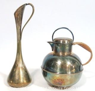 (2) Vintage Silver Plated Decorative Items Including Bud Vase Stamped Denmark and Pitcher with mark on base.  