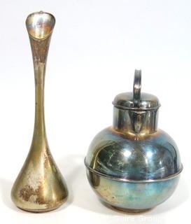 (2) Vintage Silver Plated Decorative Items Including Bud Vase Stamped Denmark and Pitcher with mark on base.  