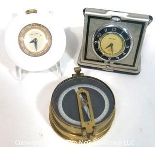 Group of Art Deco Time Pieces and T. Cook & Sons (London) Brass Compass.