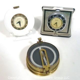 Group of Art Deco Time Pieces and T. Cook & Sons (London) Brass Compass.