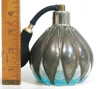 Vintage Blue Crystal with Silver Overlay Perfume Bottle with Atomizer.  Measures approximately 4" tall.